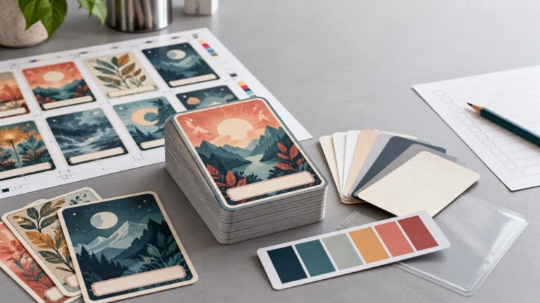 Stack of illustrated fantasy-style cards beside a printed proof sheet, blank card-stock samples, color swatches, and a checklist on a worktable.