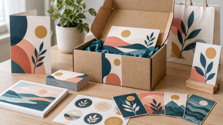 Editorial tabletop scene of coordinated small-business print materials: illustrated postcards, cards, sticker sheet, packaging box with tissue paper, paper bags, and a display card in abstract botanical colors.
