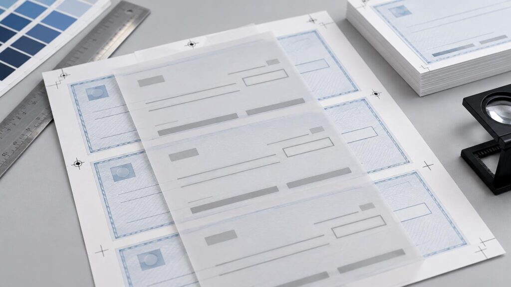Close-up of pale blue check-layout proof sheets on a gray worktable, with registration marks, a metal ruler, blue color swatches, a stacked pile of printed forms, and a magnifying loupe.