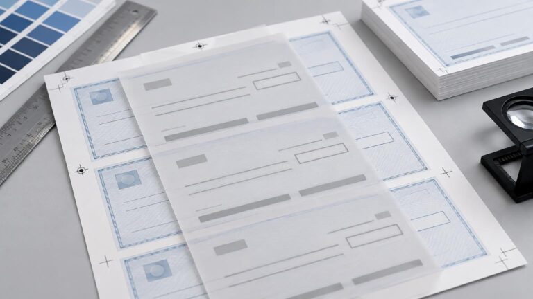 Close-up of pale blue check-layout proof sheets on a gray worktable, with registration marks, a metal ruler, blue color swatches, a stacked pile of printed forms, and a magnifying loupe.