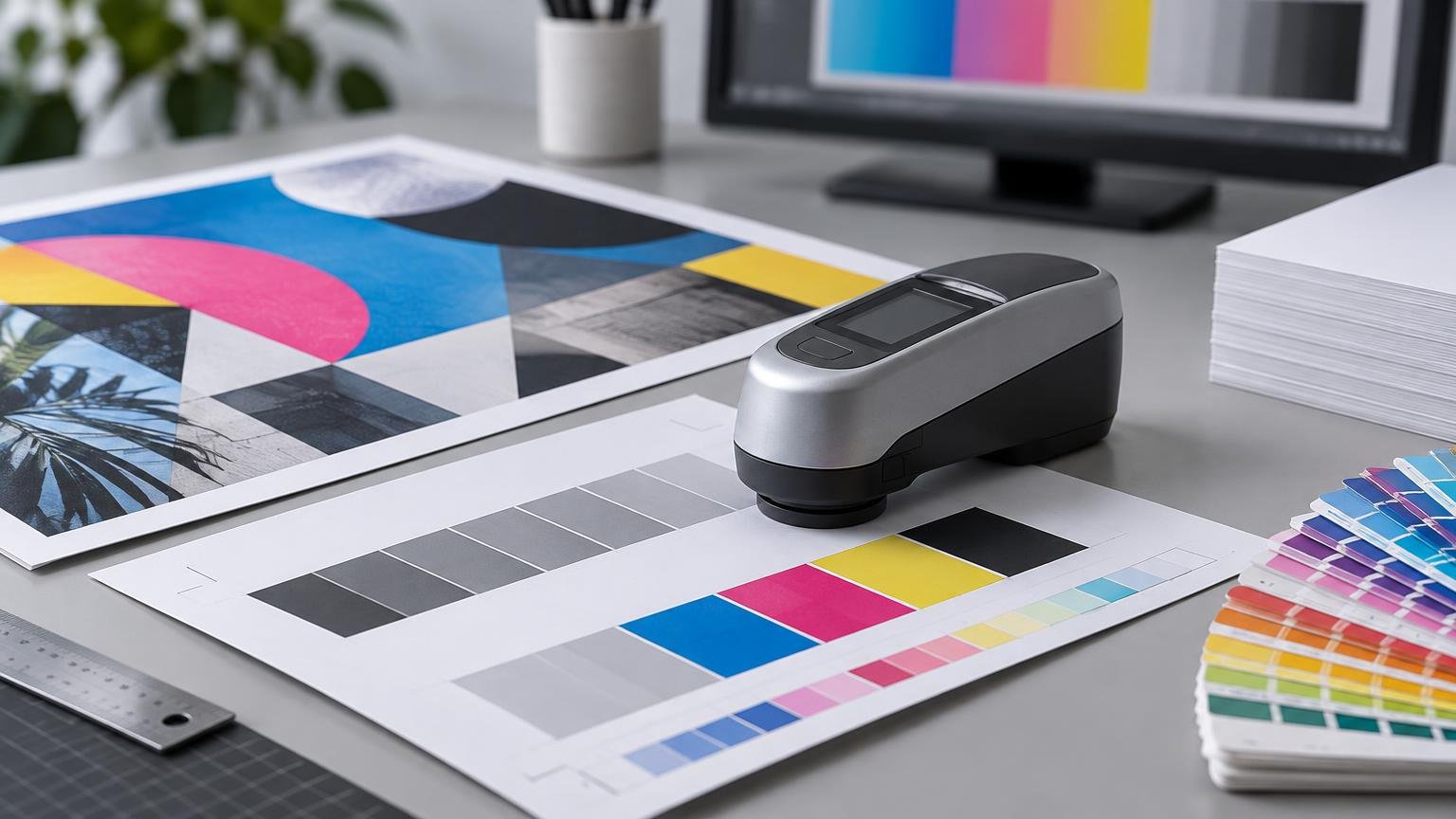 Desktop prepress scene with a handheld color-measurement device on a printed CMYK and grayscale proof sheet, surrounded by color swatch fans, stacked paper, a metal ruler, and a monitor showing color blocks.