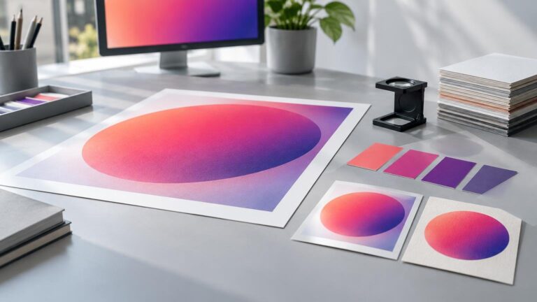 Desktop print-color workspace with a large pink-to-purple gradient proof sheet, matching small print samples and color swatches, a loupe, stacked paper stocks, and a monitor showing a similar gradient.
