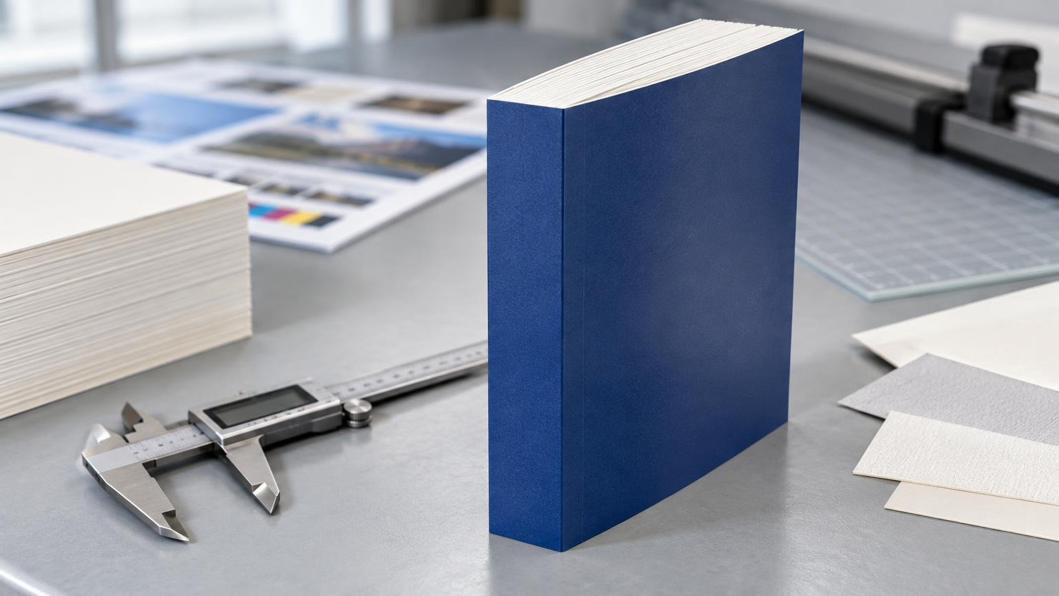 Upright blue-covered book on a print-production worktable beside a digital caliper, a stack of paper, proof sheets, and paper-stock samples.