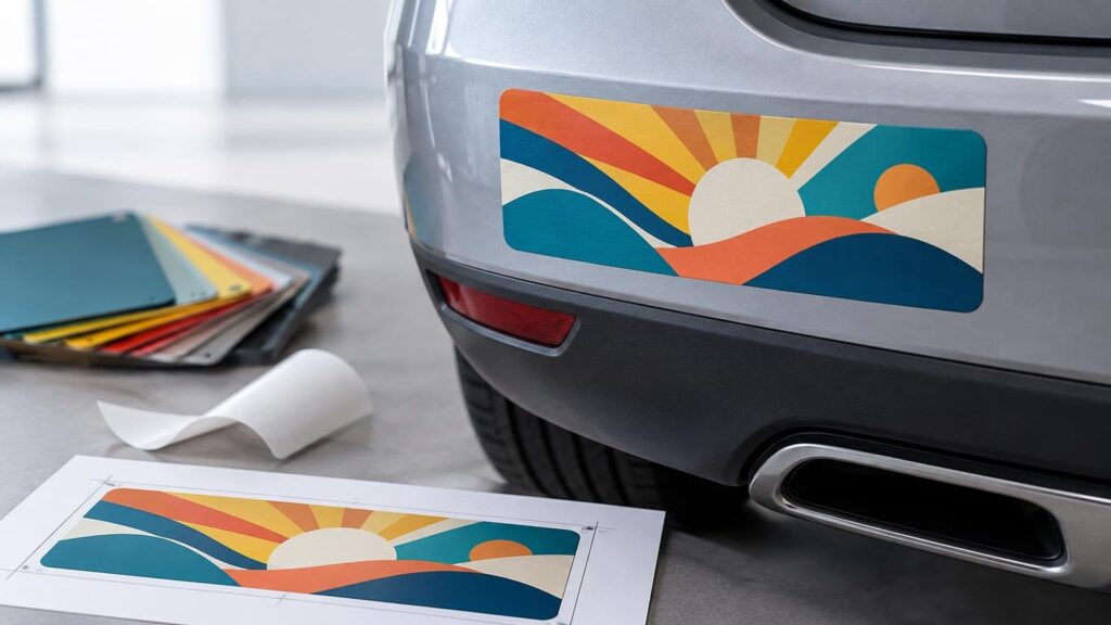Close-up of a silver car bumper with a colorful abstract landscape bumper sticker, beside a printed proof sheet, curled backing paper, and stacked vinyl color samples.