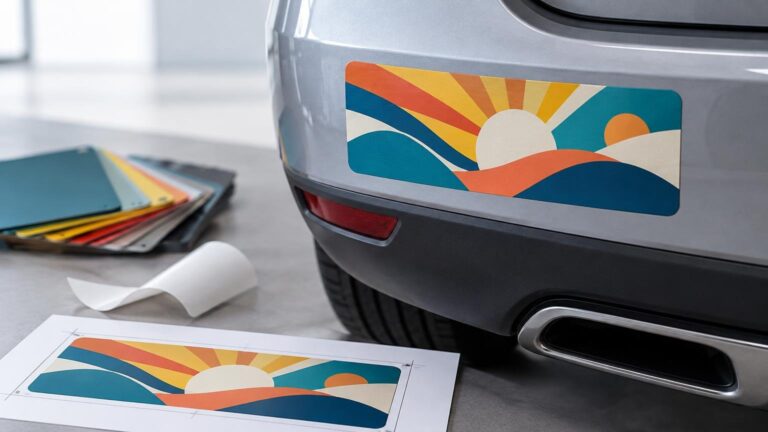 Close-up of a silver car bumper with a colorful abstract landscape bumper sticker, beside a printed proof sheet, curled backing paper, and stacked vinyl color samples.