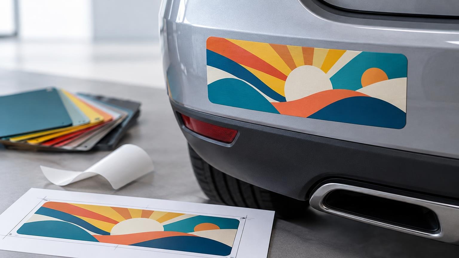 Close-up of a silver car bumper with a colorful abstract landscape bumper sticker, beside a printed proof sheet, curled backing paper, and stacked vinyl color samples.