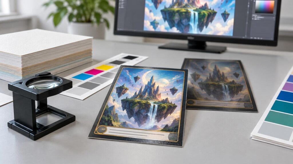 Prepress desk with two fantasy-style sample cards, color swatch strips, a loupe, stacked paper stock, and a monitor displaying matching floating-island artwork.