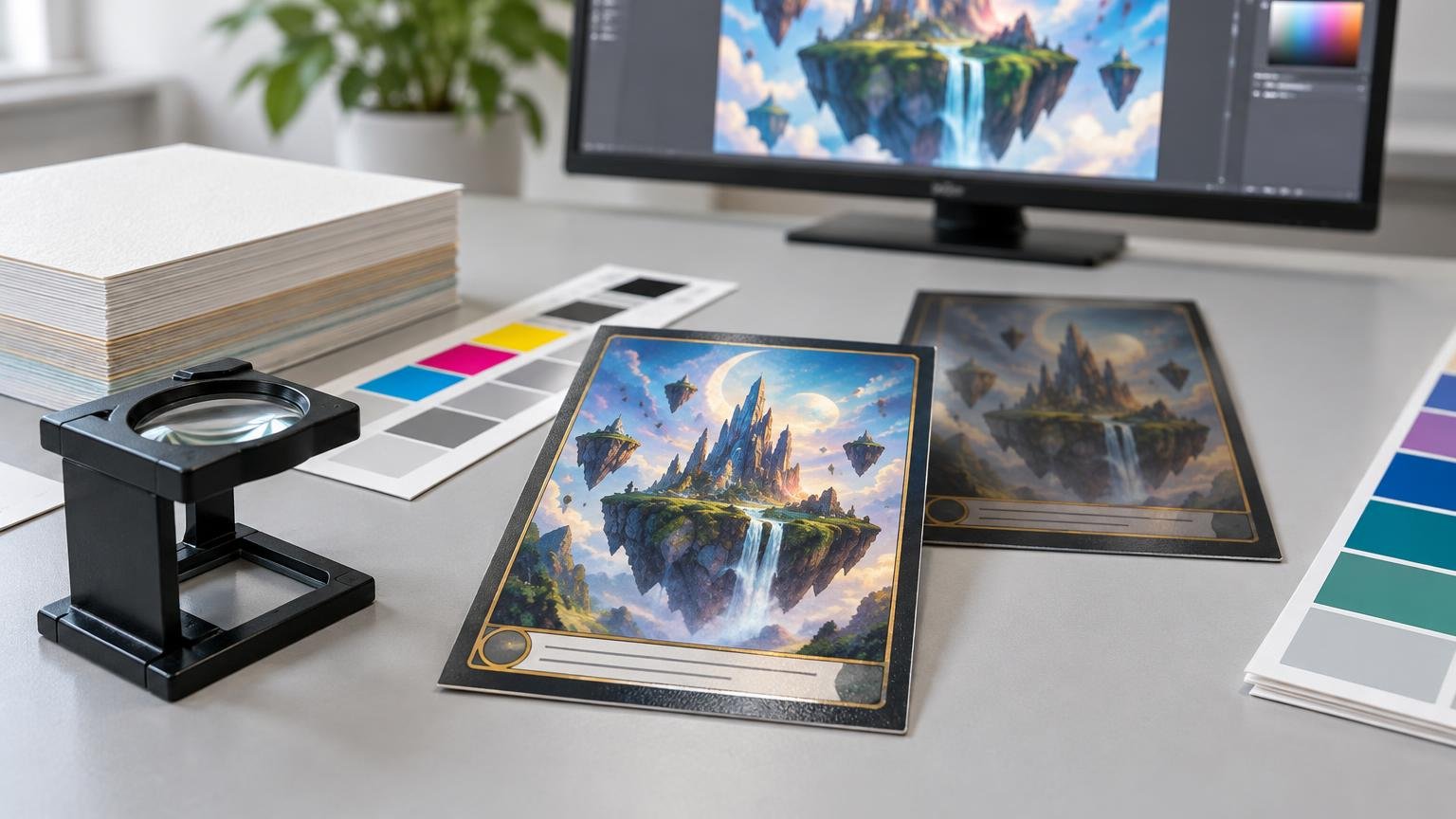 Prepress desk with two fantasy-style sample cards, color swatch strips, a loupe, stacked paper stock, and a monitor displaying matching floating-island artwork.