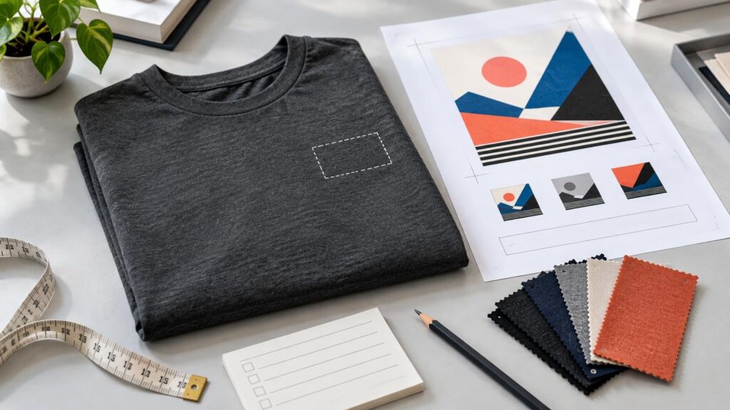 Folded charcoal-gray T-shirt on a worktable beside an abstract geometric artwork proof, fabric swatches, a pencil, a measuring tape, and a small checklist pad.