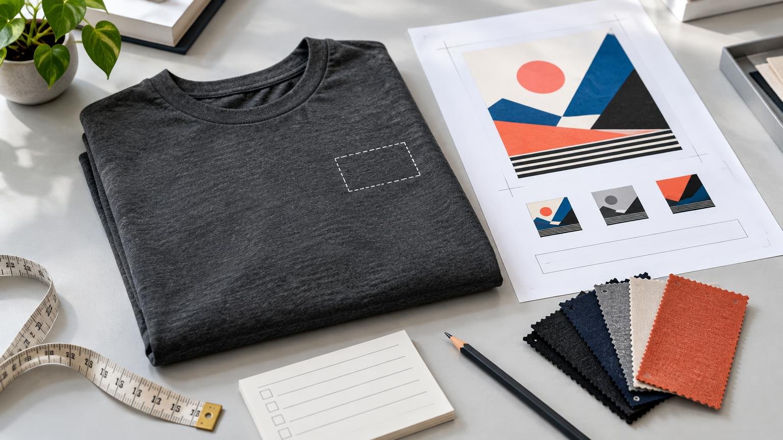 Folded charcoal-gray T-shirt on a worktable beside an abstract geometric artwork proof, fabric swatches, a pencil, a measuring tape, and a small checklist pad.