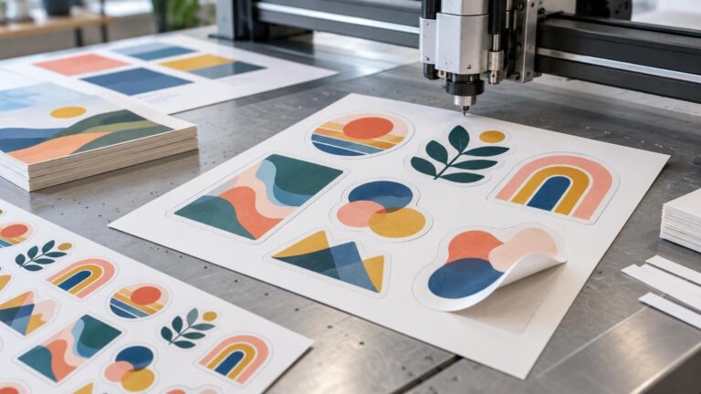 A digital cutting machine above a printed sheet of colorful abstract sticker designs on a metal worktable, with stacked paper sheets and additional sticker sheets nearby.