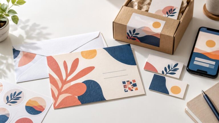Overhead view of coordinated printed marketing materials on a sunlit desk: a patterned postcard with address lines, matching envelopes and business cards, round stickers, a branded-looking shipping box, and a smartphone showing a matching abstract design.