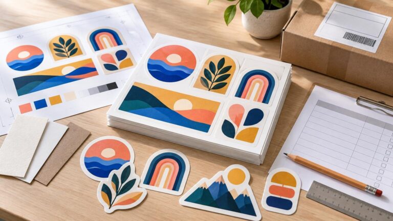 Stacks of colorful die-cut sticker sheets and loose illustrated stickers on a wooden desk with paper stock samples, a ruler, order forms, pencil, and a shipping box.