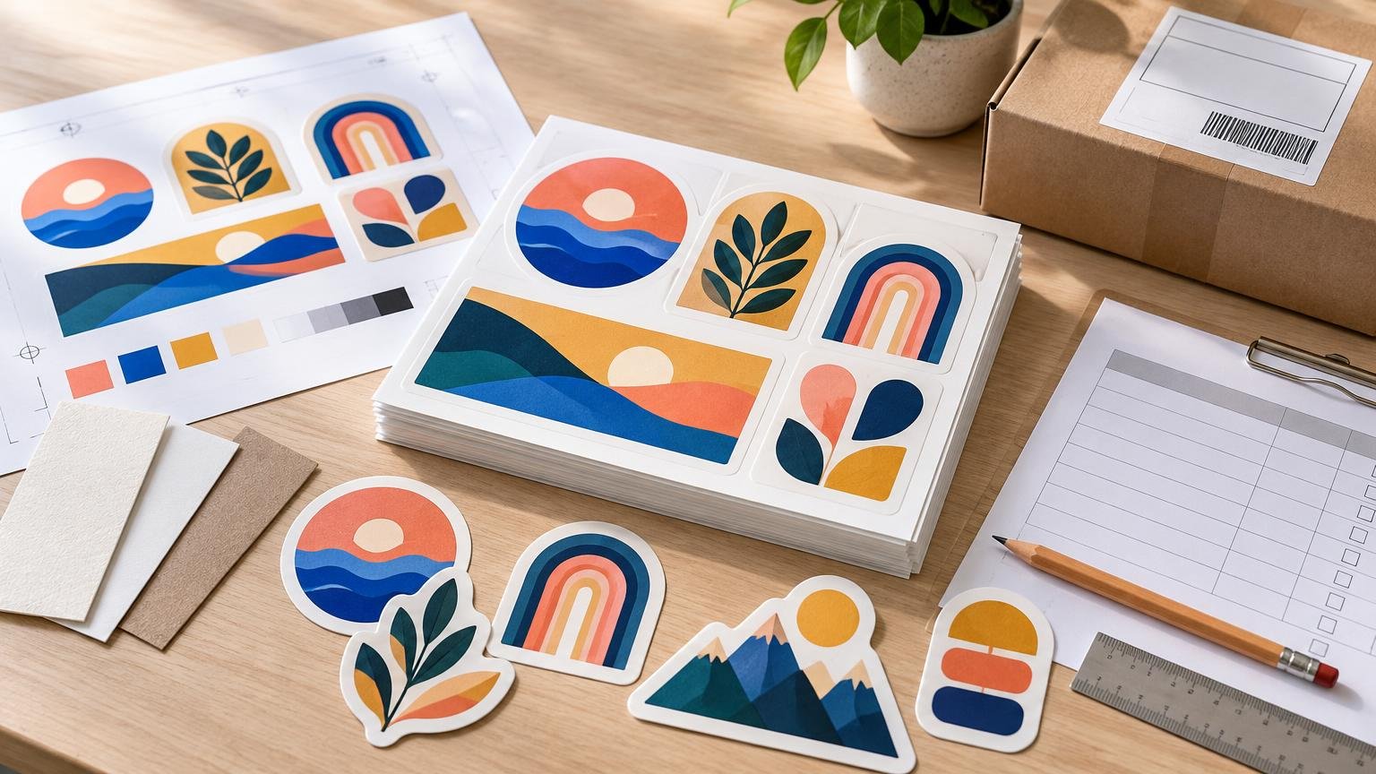 Stacks of colorful die-cut sticker sheets and loose illustrated stickers on a wooden desk with paper stock samples, a ruler, order forms, pencil, and a shipping box.