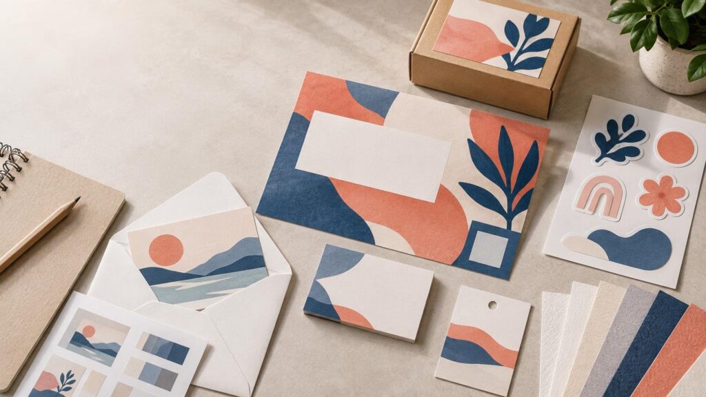 Overhead view of coordinated printed promotional materials: abstract-pattern postcards, envelopes, stickers, gift tags, paper swatches, a notebook, and a small kraft box on a neutral work surface.