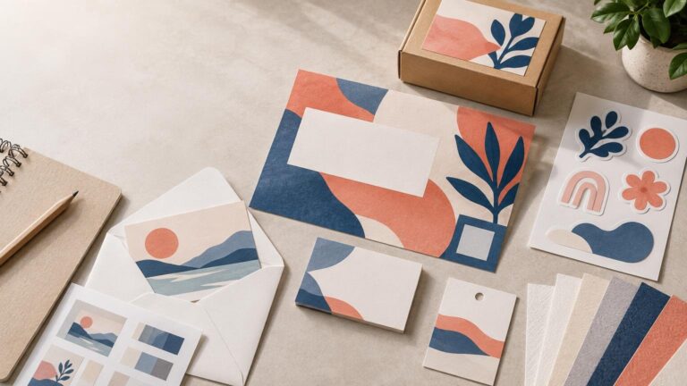 Overhead view of coordinated printed promotional materials: abstract-pattern postcards, envelopes, stickers, gift tags, paper swatches, a notebook, and a small kraft box on a neutral work surface.