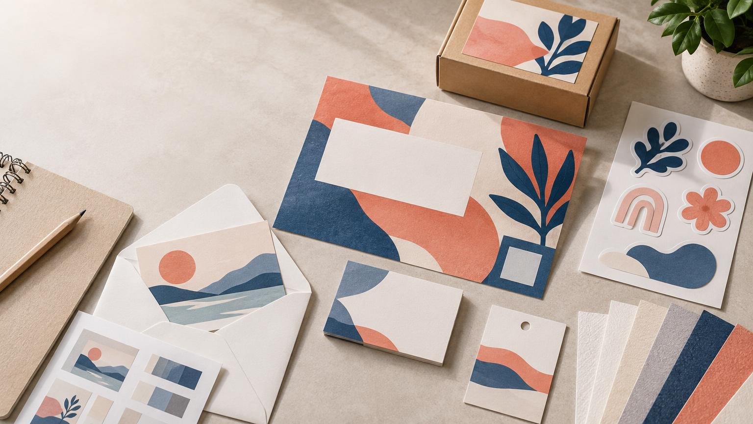 Overhead view of coordinated printed promotional materials: abstract-pattern postcards, envelopes, stickers, gift tags, paper swatches, a notebook, and a small kraft box on a neutral work surface.