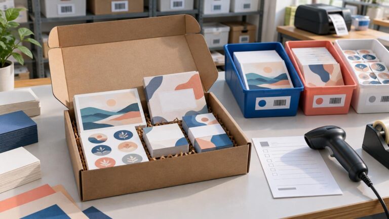 Open kraft mailer filled with coordinated illustrated postcards, small cards, sticker sheets, and boxed print pieces beside color-coded inventory bins, a barcode scanner, and a packing checklist.