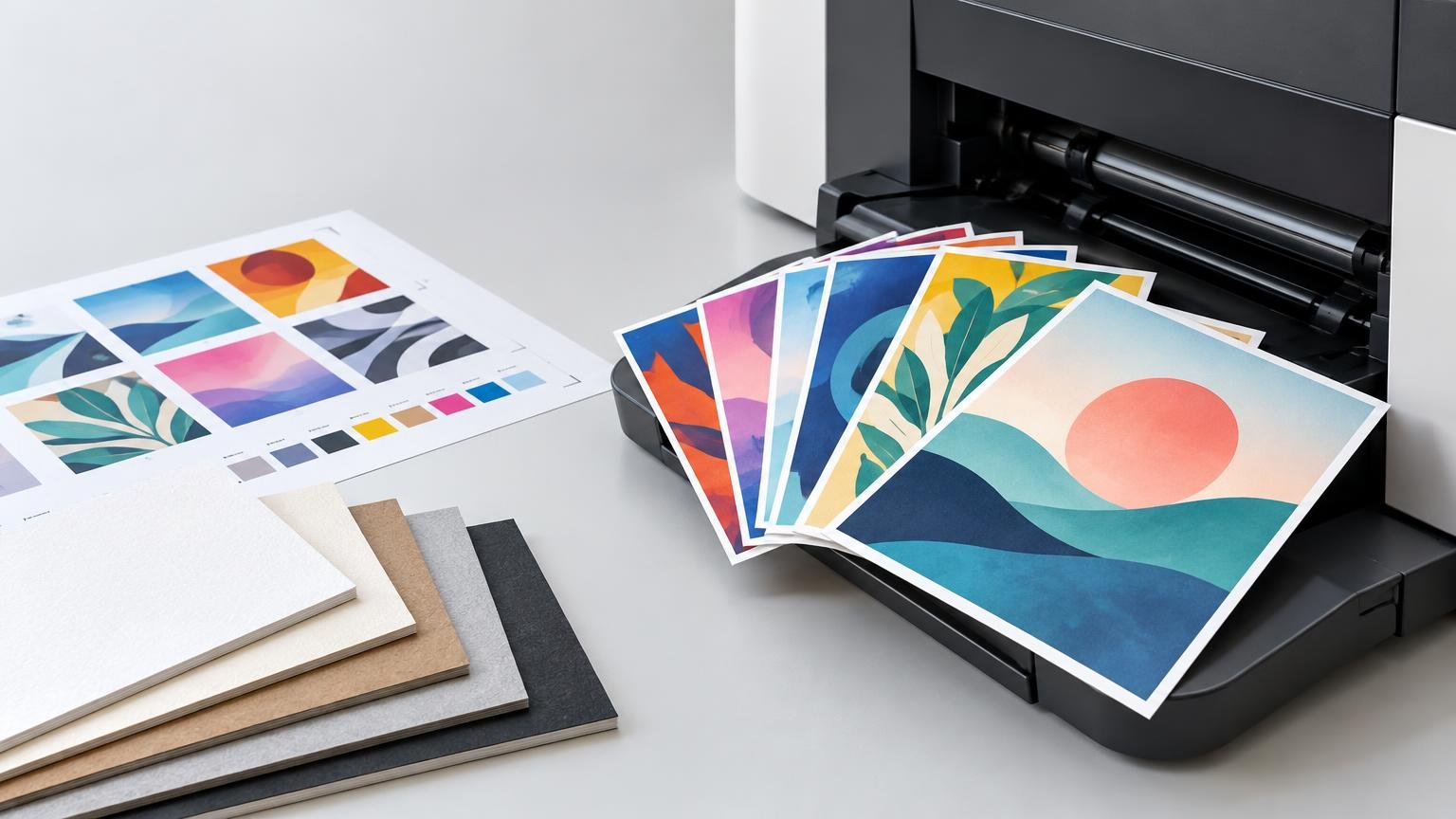A desktop digital printer outputs a fan of colorful abstract art prints beside a proof sheet with color swatches and a stack of textured paper samples.