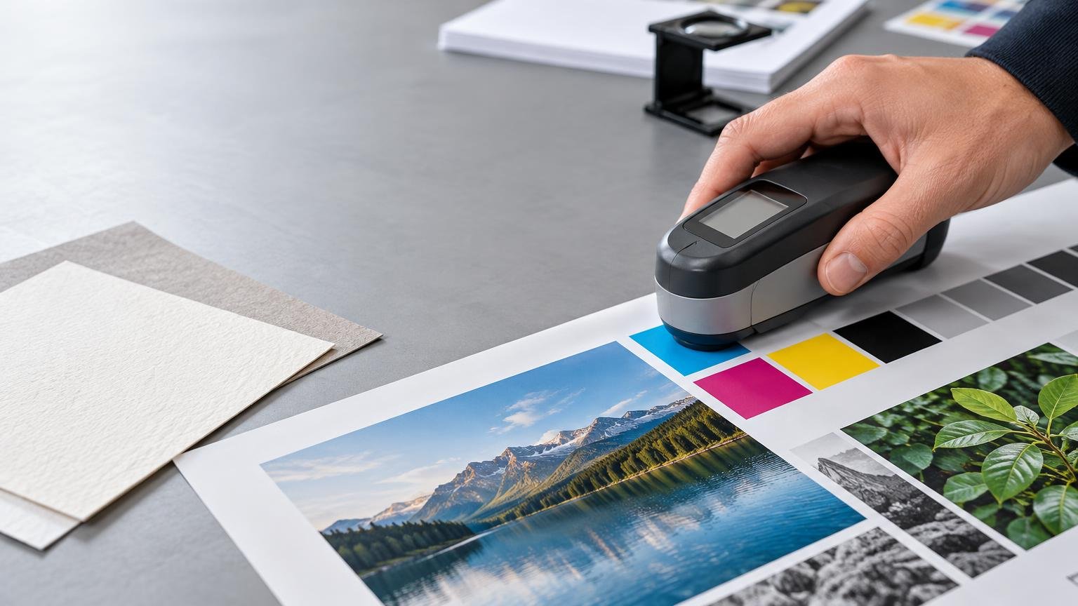 A hand holds a handheld measuring device against a cyan color patch on a printed proof sheet with CMYK swatches, grayscale blocks, landscape images, and textured paper samples on a worktable.