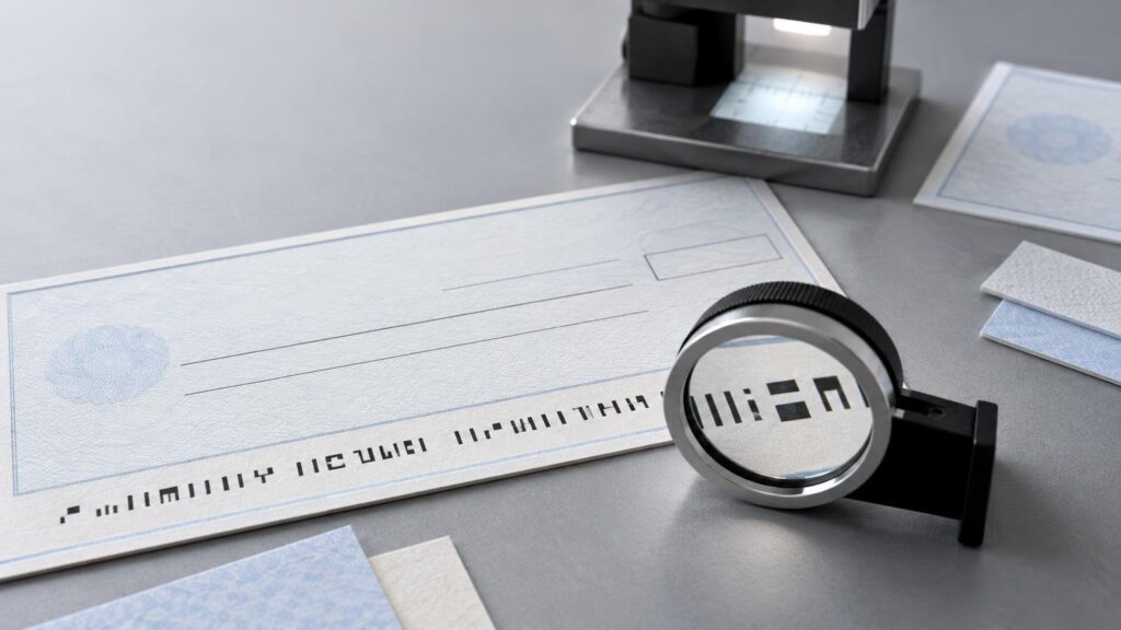 Close-up of a pale blue security-patterned check proof with a black MICR-style character line, viewed through a magnifying glass beside small paper stock samples and a desktop inspection tool.