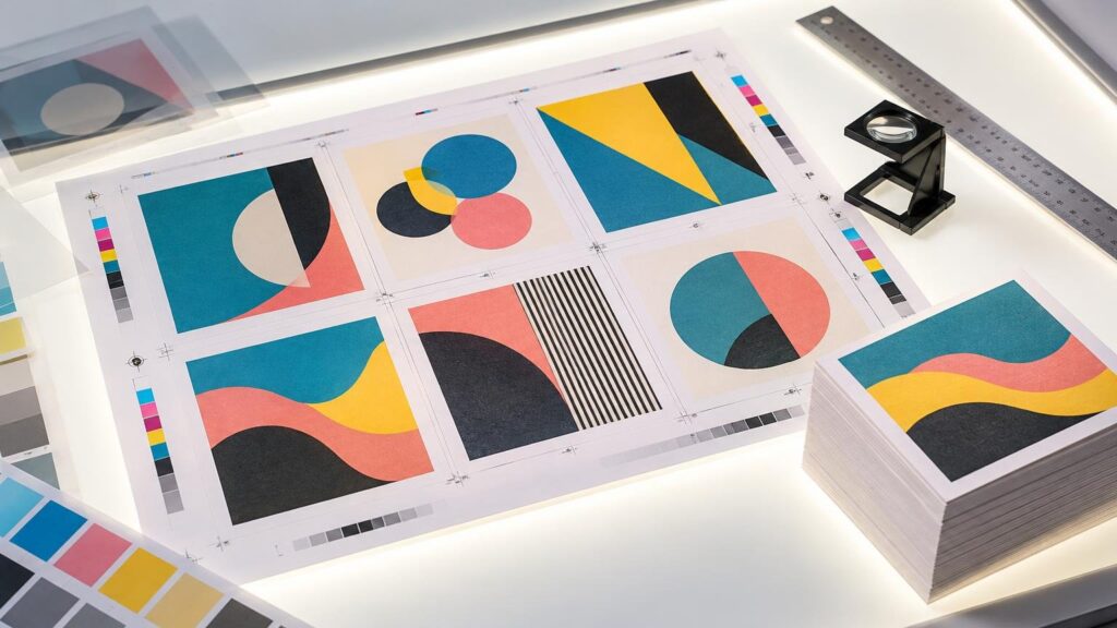Overhead view of a prepress proof sheet with six colorful abstract designs, CMYK-style color bars and registration marks, beside a folding loupe, metal ruler, paper swatches, and a stack of trimmed prints.