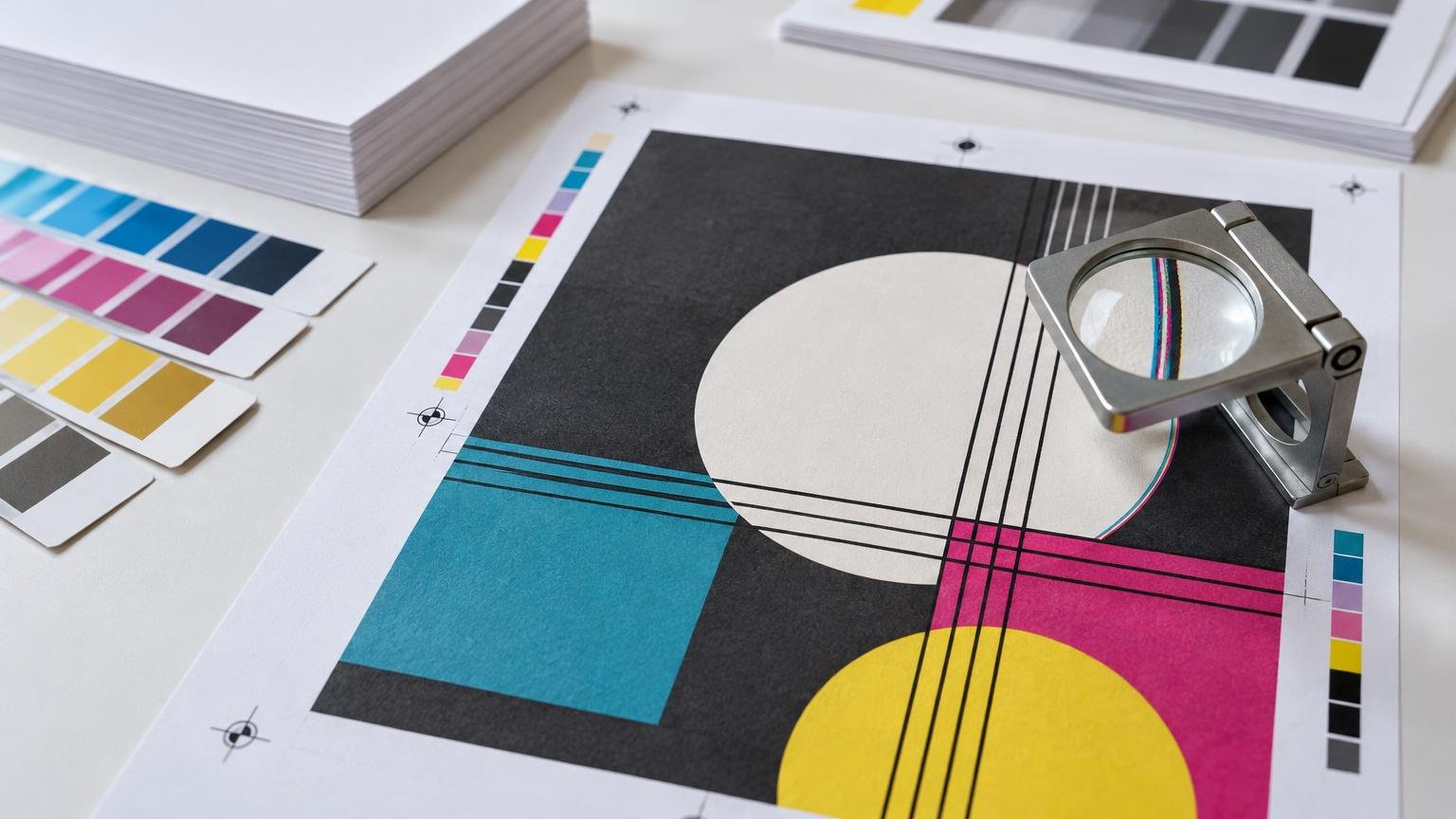 Close-up of a print proof with colorful geometric shapes, crop and registration marks, color bars, paper stacks, and a metal magnifier highlighting fine cyan, magenta, and black lines.