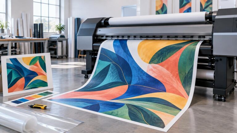 Large-format printer feeding out a wide colorful abstract graphic in a bright print studio, with a smaller matching print, color swatches, cutting tool, and rolled clear media on the worktable.