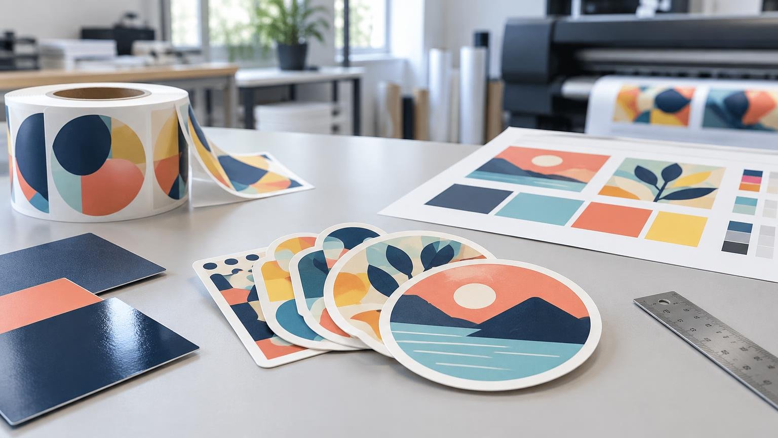 Colorful abstract vinyl stickers, a roll of printed labels, glossy coating samples, a color proof sheet, and a metal ruler arranged on a print-production worktable beside a wide-format printer.